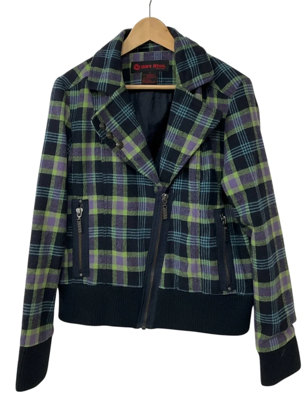 Y2K Vintage Hot Kiss Wool Blend Green Purple Plaid Bomber Jacket M
